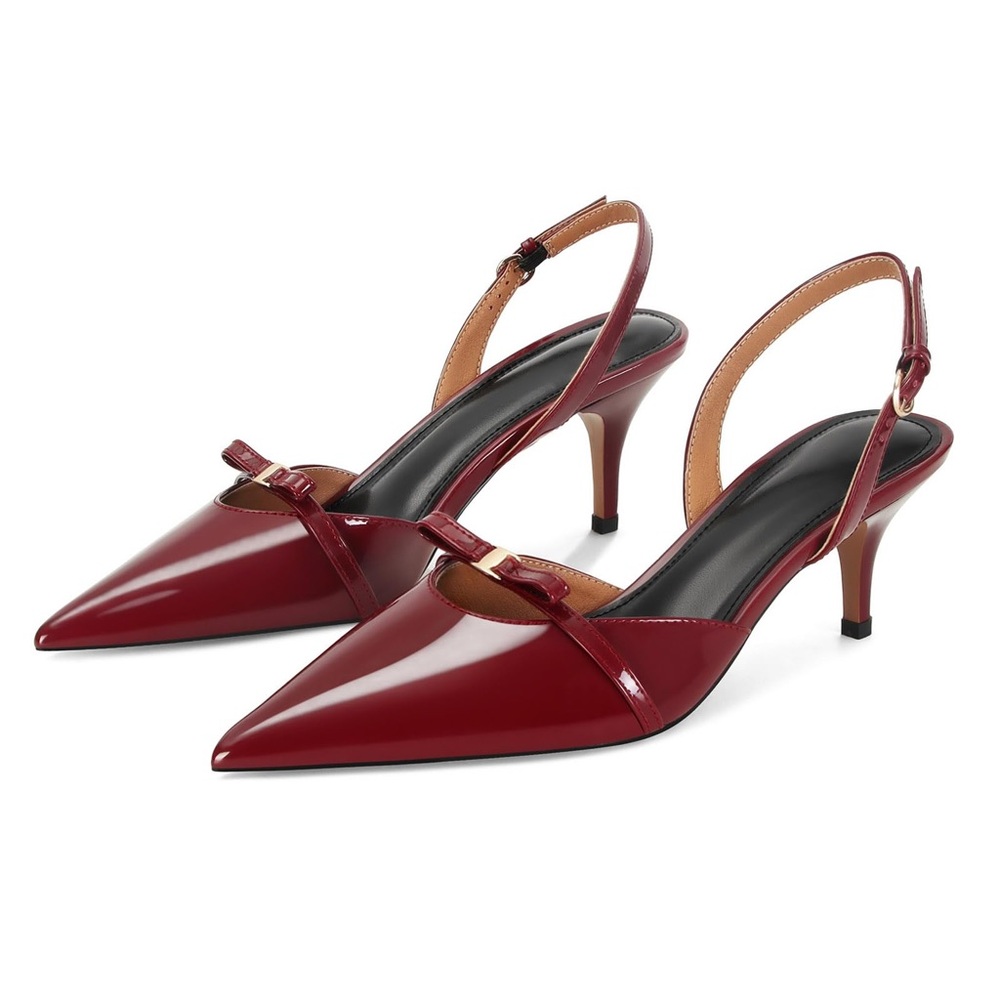 Burgundy Kitten Heels For Women Dressy Red Slingback Heel Cute Bow Pumps